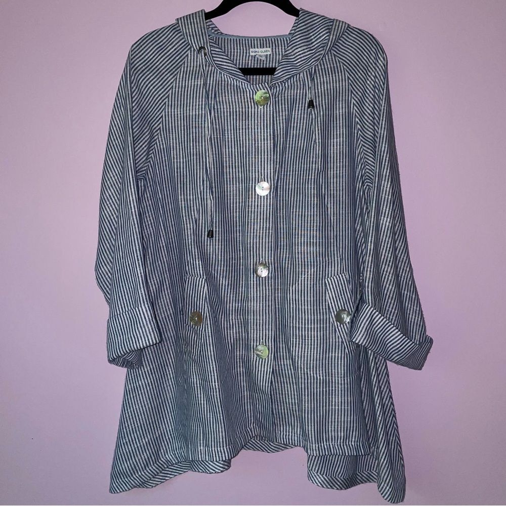 Sigrid Olsen Size L Linen Hooded Jacket Blue White Stripe Coastal Lagenlook